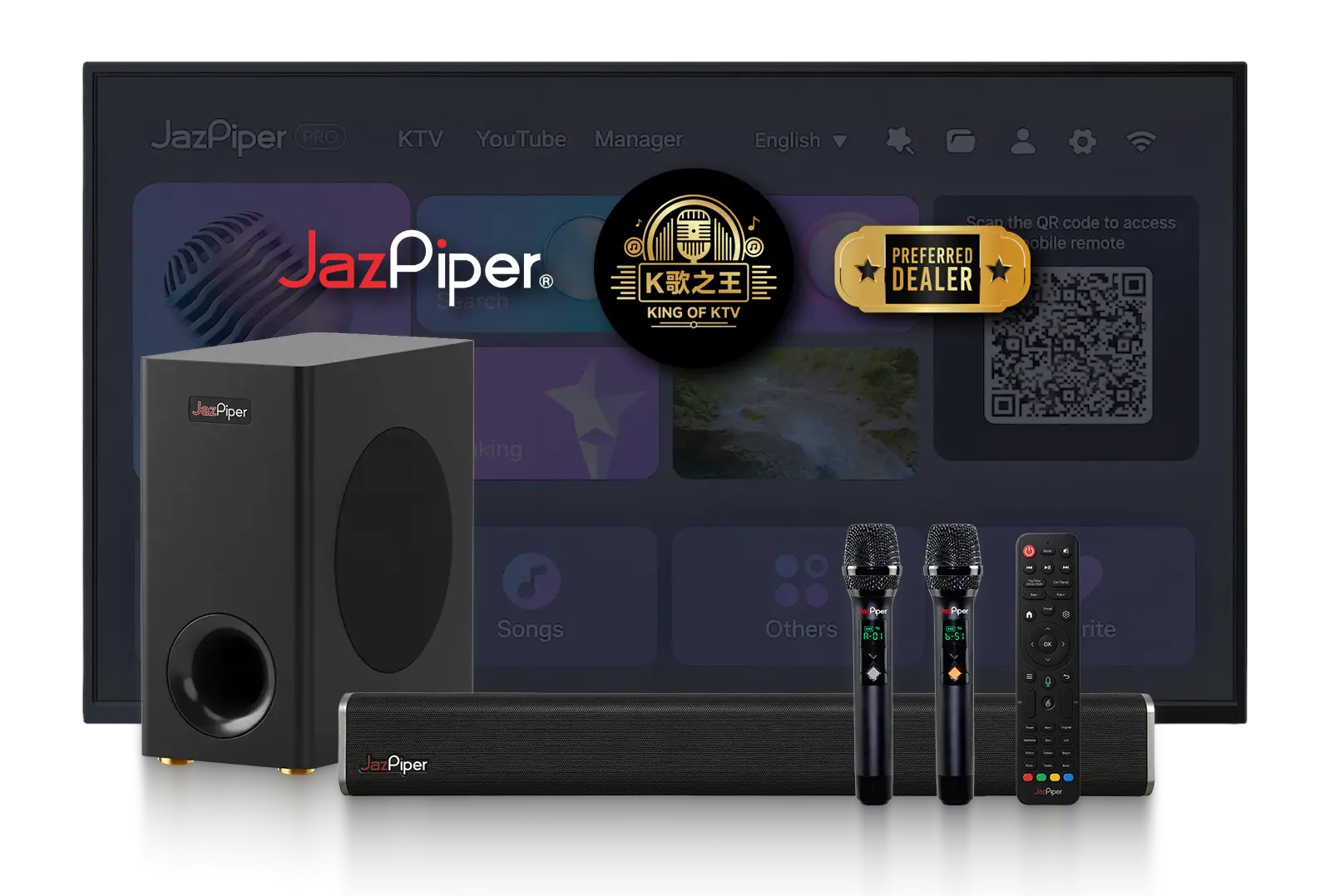 JazPiper PRO 2.1 Wide Surround Sound Karaoke Soundbar with Wireless Subwoofer and Microphones
