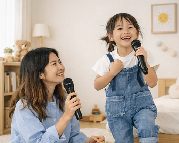 Family singing karaoke together