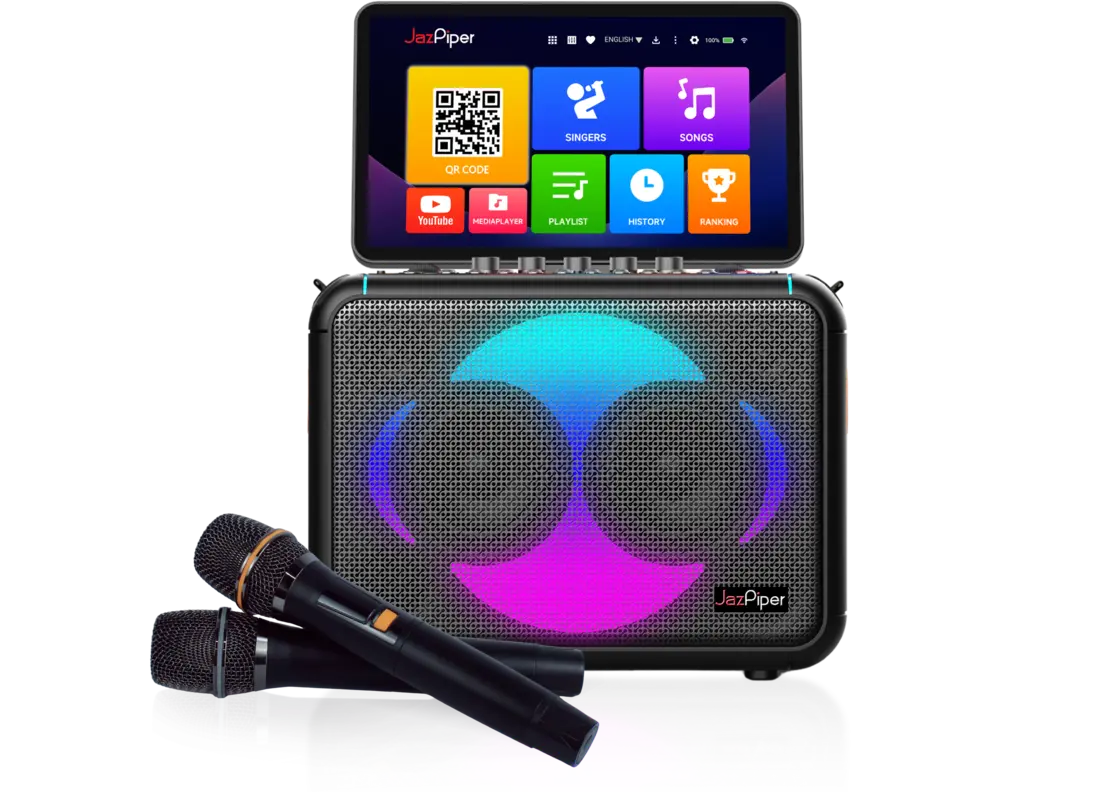 JazPiper MOVE portable karaoke system with touchscreen and microphones